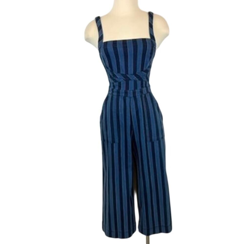 Anthropologie Nicola Denim Jumpsuit Striped Wide Cropped Leg Blue Size 4 NWT